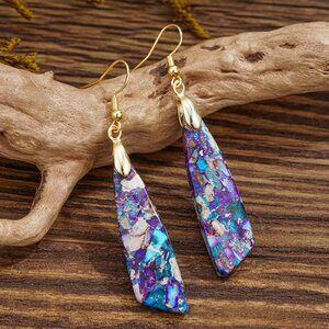 18K Gold Dipped Sterling Silver Purple Jasper Natural Stone Dangle Earrings NEW